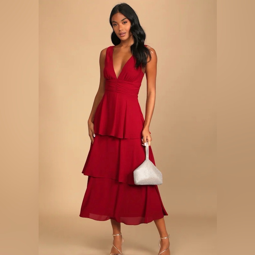 Lulu's Red V-Neck Tiered Maxi Dress
